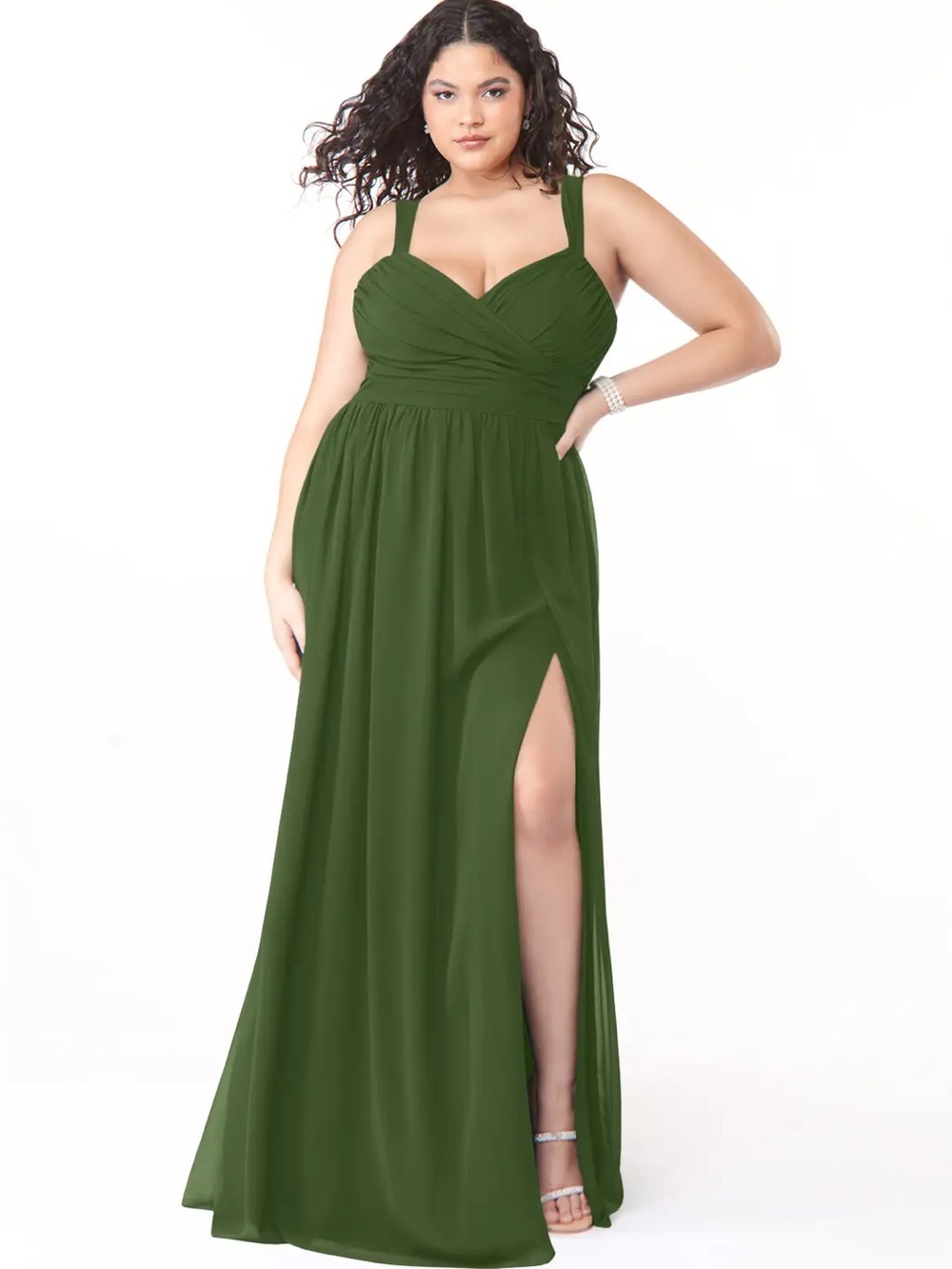 NWT Azazie Olive Green Aziza Chiffon A-line Maxi Dress Sweetheart Bodice Size 16